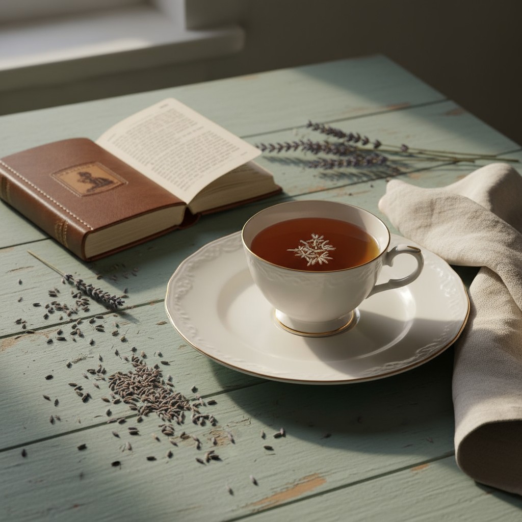A cup of tea and a book on a wooden table, sprinkled with dried lavender.
