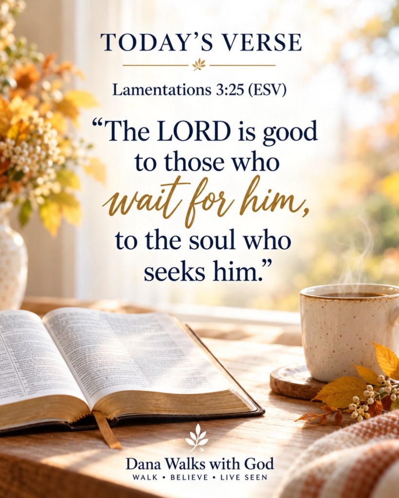 A cozy scene featuring an open Bible with a coffee cup and a small plate, surrounded by flowers and soft fabric, displaying the verse from Lamentations 3:25.