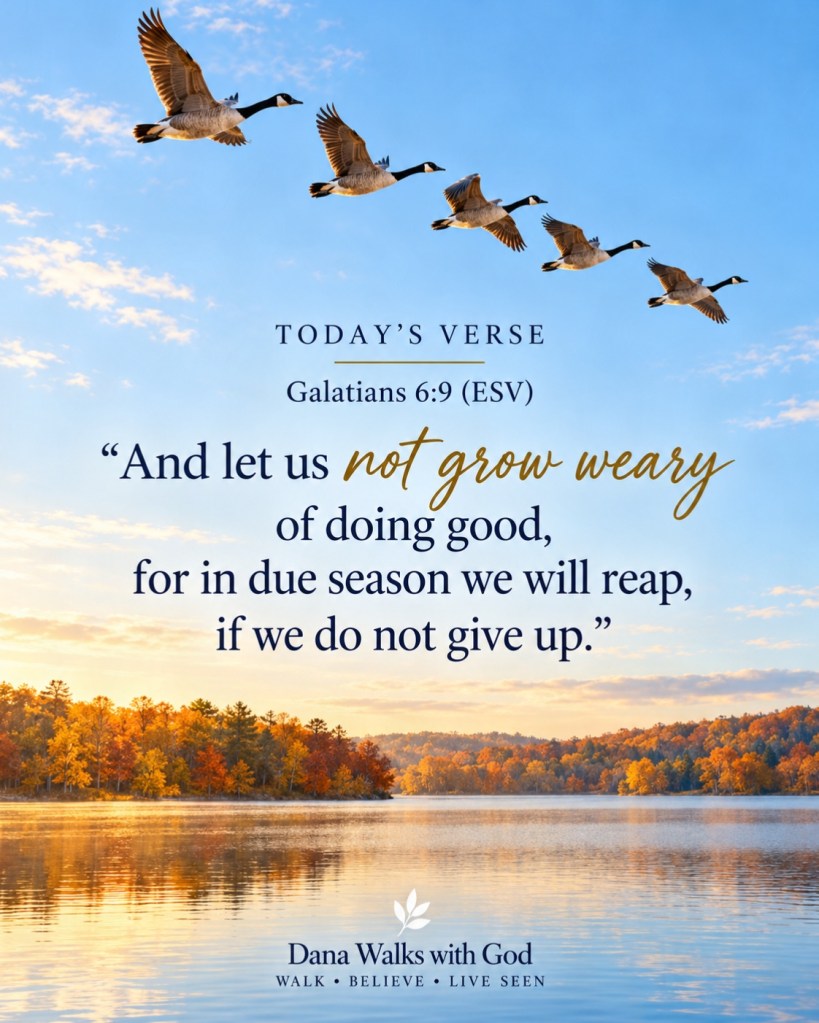 A serene landscape featuring a calm lake and golden autumn trees, with a flock of geese flying in the sky. The image includes the text of Galatians 6:9 (ESV) encouraging perseverance in doing good.