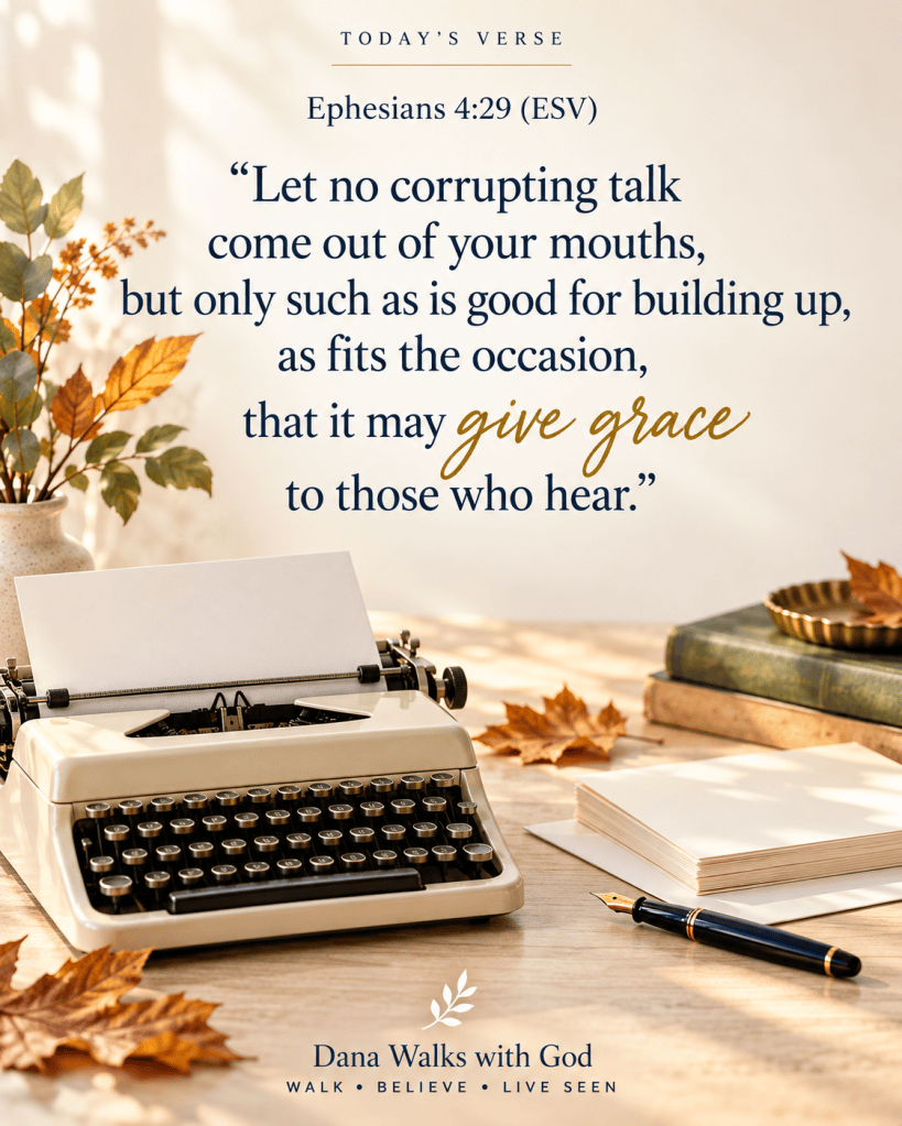 A vintage typewriter with leaves scattered around it, displaying the Bible verse Ephesians 4:29, emphasizing positive speech, with a pen and blank papers nearby.